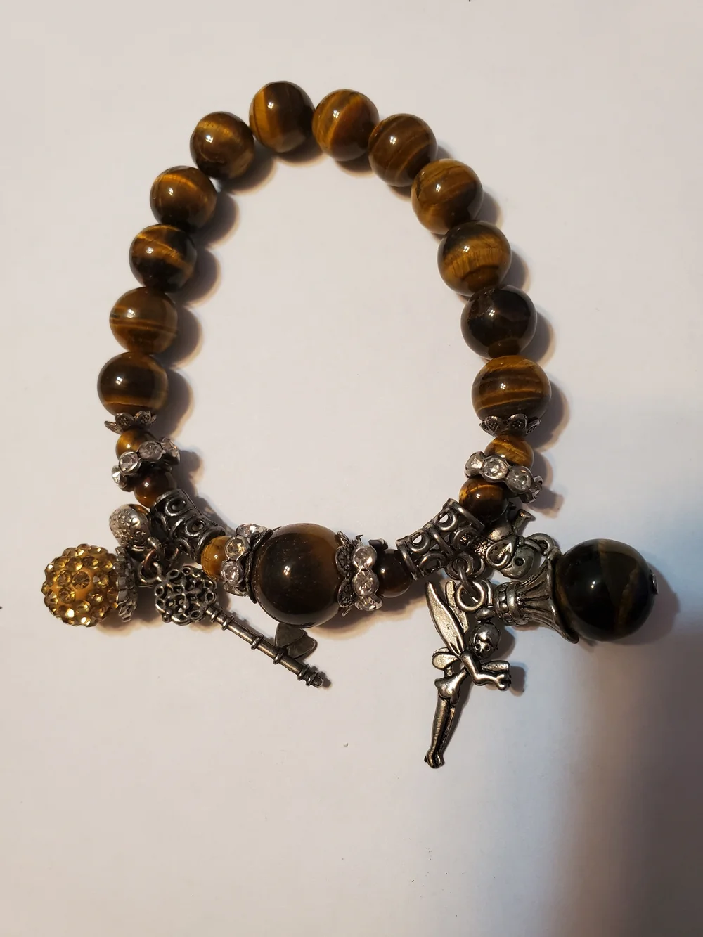 Womens Faux Tiger's Eye Stretchy Beaded Charm Bracelet‎ Brown & Gold